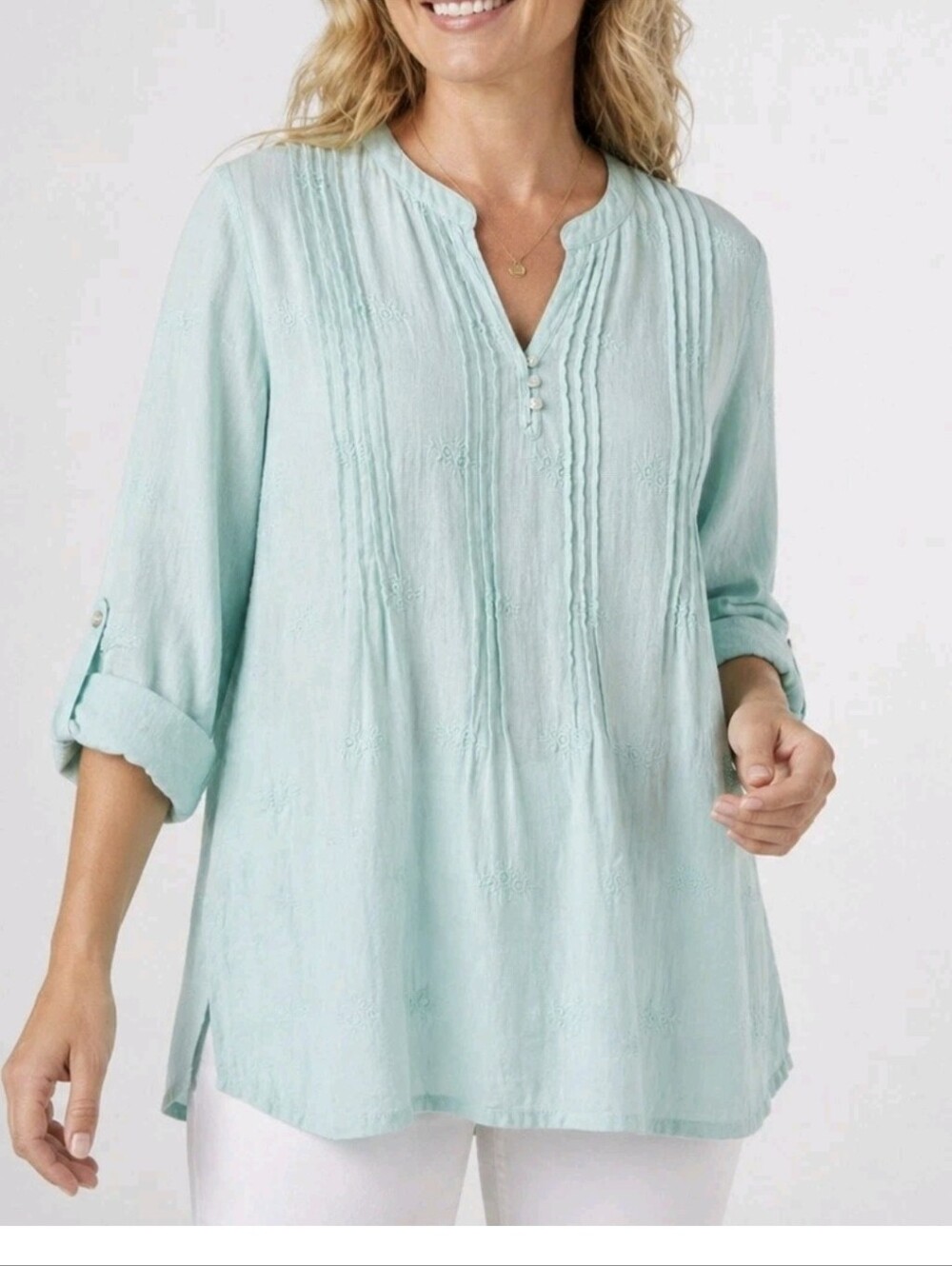 Saint Tropez West 100% Linen Roll Tab Tunic Blouse Embroidered Flowers Sz L